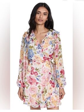 En Saison Constantia Floral Chiffon Wrap Mini Dress V-Neck Balloon Sleeve M